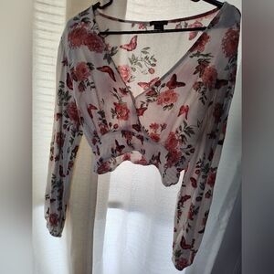 Rue21 Butterfly Floral Long Sleeve Crop Top